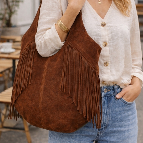 Lucky Brand Handbags - Lucky Brand Genuine Leather  Nyra Bag Tan Fringe Boho Suede Hobo Tote Bag